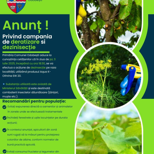 Primăria comunei Odobești anunță o acțiune de dezinsecție în localitate pe 3 iulie 2025