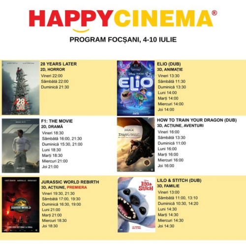 happy cinema focșani vă invită la cele mai noi filme și cele mai bune oferte în două săli ultramoderne 3D. Toate detaliile despre prețuri, rezervări online și program sunt disponibile pe site-ul www.happycinema.ro și pe pagina de Facebook a cinematografului.