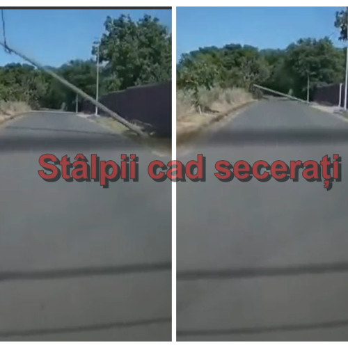 Stâlpi de lemn căzuți aproape de mașina unui șofer UBER în Florești