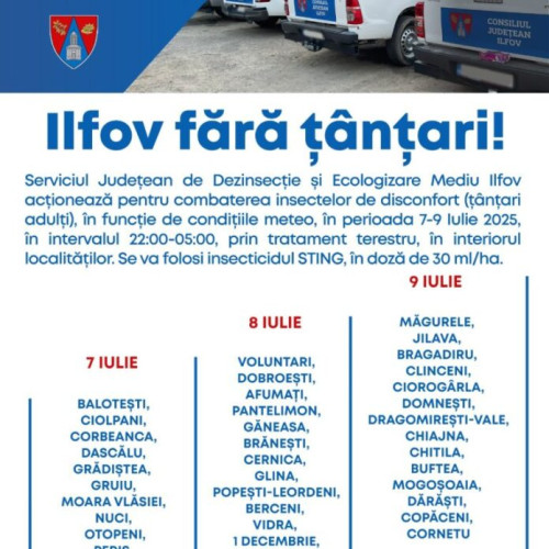 Campanie de dezinsectie în Ilfov în perioada 7-9 iulie 2025