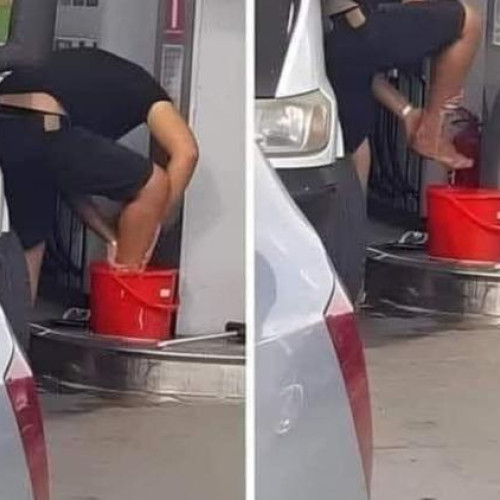 scenă inedită surprinsă în Cluj: un șofer și-a spălat picioarele în rezervor pentru curățarea parbrizului