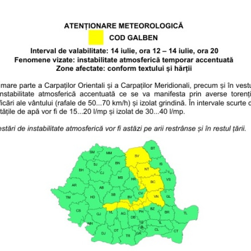 Județul Neamț va fi sub cod galben de instabilitate atmosferică luni, 14 iulie