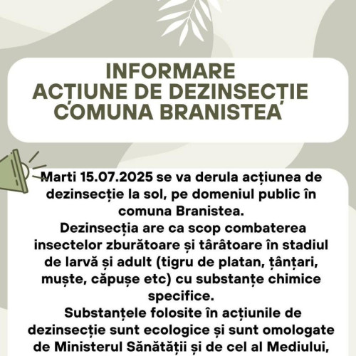 Anunț despre acțiunea de dezinsectie în comuna Braniștea