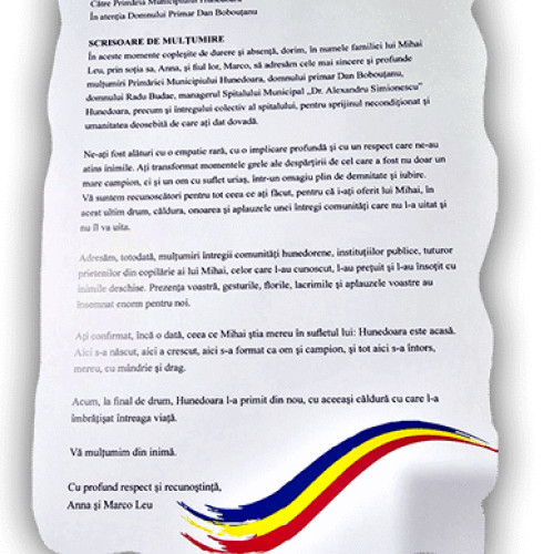 Soția și fiul lui Mihai Leu mulțumesc primarului și hunedorenilor pentru susținere
