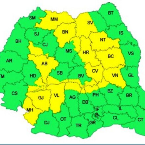 Cod galben de instabilitate atmosferică în Vrancea și alte 11 județe