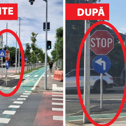 Stâlp de semnalizare montat pe pista de biciclete din Sibiu, relocat după intervenția primăriei