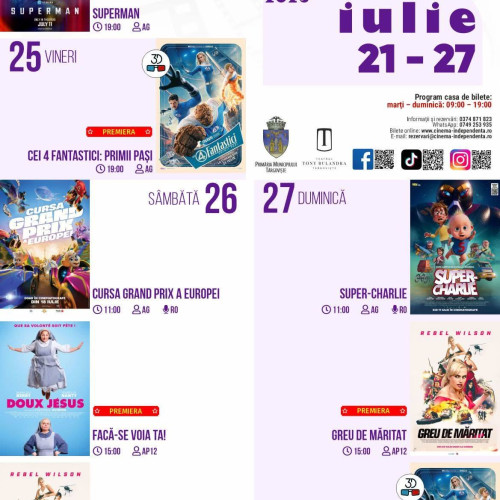 Proiecțiile cinematografice din Târgoviște, cu filme captivante și premiere în săptămâna 21-27 iulie 2025