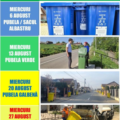 programul de colectare a deșeurilor în Bistrița-Năsăud, anunțat de ADI Deșeuri, conține datele pentru luna august. Potrivit informațiilor, în fiecare miercuri se colectează anumite tipuri de deșeuri reciclabile.