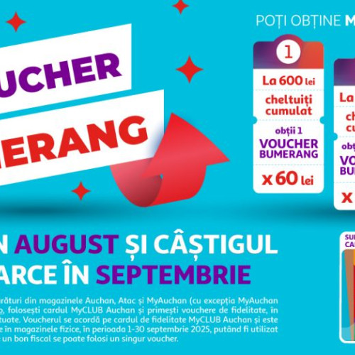 Auchan ofera bonusuri pentru cumparaturi in august, valabile pentru toata luna, si mai apoi beneficii in septembrie. Potrivit ziaruldebacau.ro, clientii care fac cumparaturi in perioada 1-31 august in magazinele Auchan, online sau in magazinele ATAC si MyAuchan*, pot primi pana la 180 lei sub forma de vouchere, care pot fi folosite ulterior in septembrie.