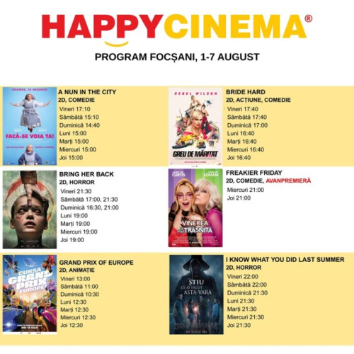 happy cinema Focșani anunță noul program de filme pentru perioada 1-7 august 2025