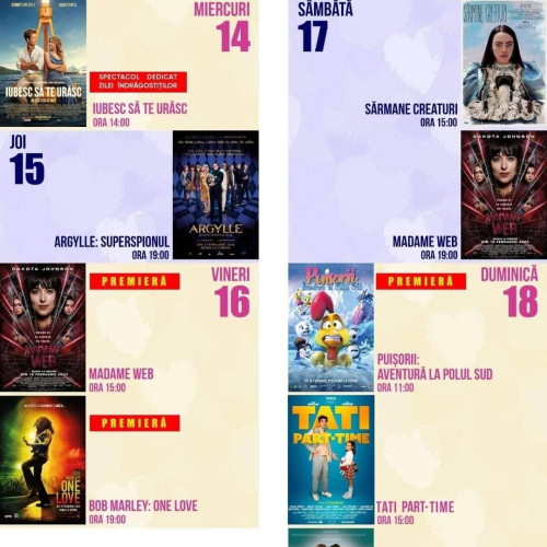 Cinema "Independența" lansează noul program de proiecții în perioada 14 – 18 februarie 2024. Biletele disponibile la casierie sau online. Detalii: 0374.871.823; WhatsApp: 0749.253.935; E-mail: rezervari@cinema-independenta.ro.