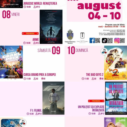 program divers la cinema independenta din targoviște în perioada 4-10 august 2025