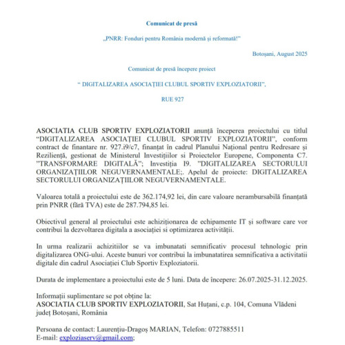 Asociația Club Sportiv Exploziatorii lansează proiectul de digitalizare