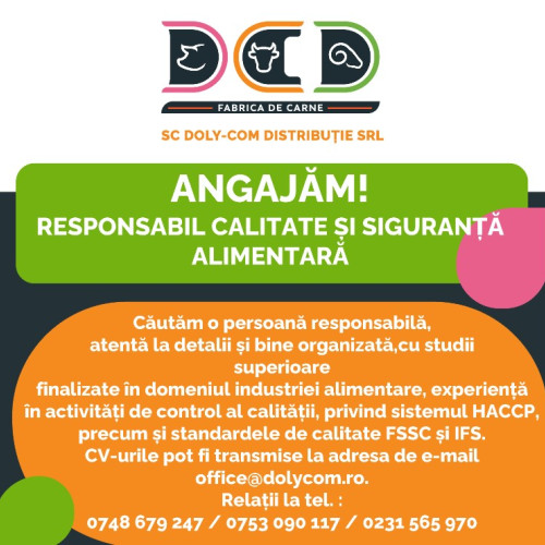 Căutăm o persoană responsabilă și bine organizată pentru controlul calității în domeniul alimentar