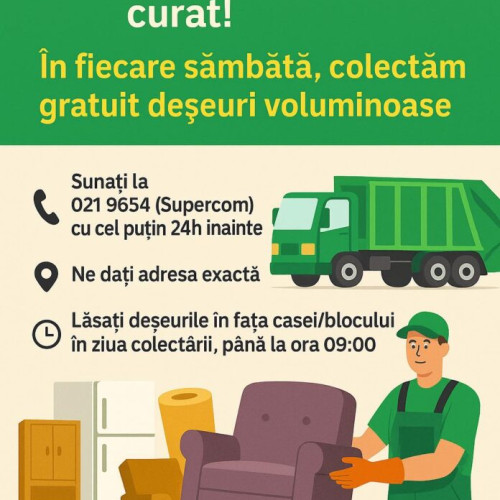 Primăria Sectorului 2 din București face apel către cetățeni pentru păstrarea curățeniei în spațiul public și informează că deșeurile voluminoase pot fi colectate gratuit în fiecare sâmbătă, printr-un serviciu oferit de operatorul Supercom. Autoritățile locale atrag atenția că mobilierul vechi, saltelele, electrocasnicele, hainele, cauciucurile sau molozul nu trebuie abandonate pe domeniul public.