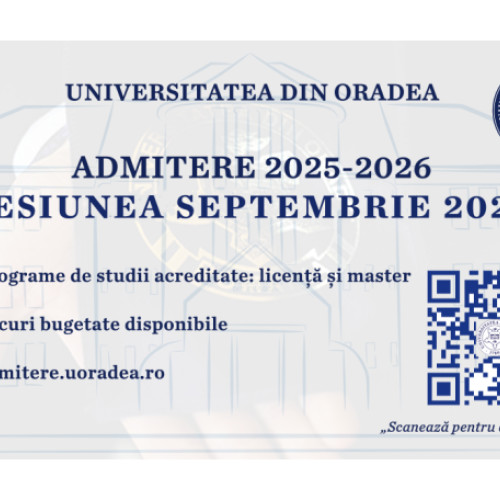 Universitatea din Oradea a deschis o nouă sesiune de înscrieri pentru toți doritorii de studiu în perioada 1-12 septembrie, oferind peste 370 de locuri bugetate și multiple locuri cu taxă în cele 15 facultăți ale universității. Potrivit universității, după sesiunea de admitere din iulie, care s-a încheiat cu rezultate bune, s-au înscris și au fost acceptați 3.260 de studenți la programele de licență și 1.267 la master.