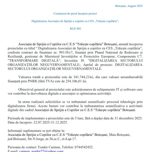 Asociatia „Traieste copilaria” din Botoșani începe proiectul de digitalizare