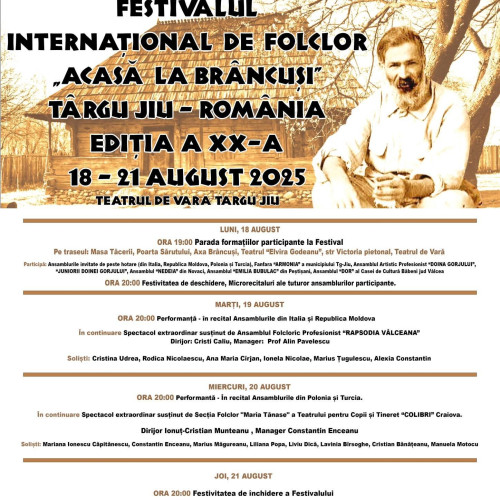 Târgu Jiu va găzdui Festivalul Internațional de folclor "Acasă la Brâncuși"