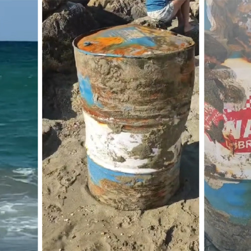 Două butoaie cu uleiuri industriale ajunse pe plaja Gloria din Eforie Sud