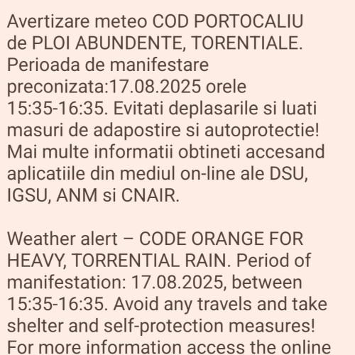 Avertizare meteo COD PORTOCALIU pentru Gorj din cauza ploilor abundente