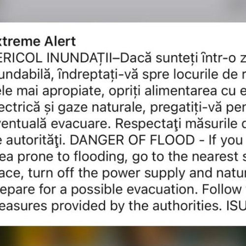 alertă RO-Alert emisă în județul Alba din cauza riscului de inundații