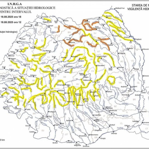 Avertizare hidrologică cod galben emisă până mâine seara de Institutul Național de Hidrologie și Gospodărire a Apelor