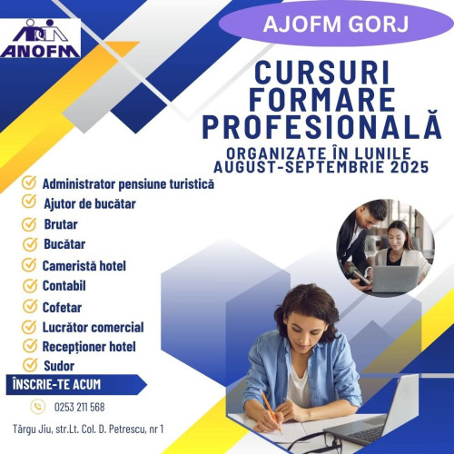 <citează>Potrivit AJOFM Gorj, în perioada august-septembrie 2025, se vor organiza cursuri gratuite de calificare și recalificare pentru șomeri și persoane în căutarea unui loc de muncă</citează>