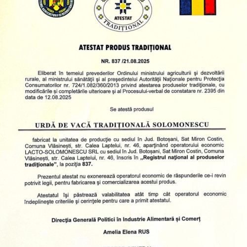 Urda de vacă tradițională Solomonescu, recunoscută oficial ca produs tradițional românesc