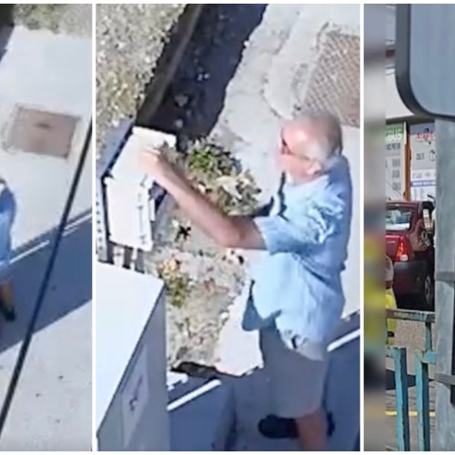 Echipă a Primăriei Bacău filmează un bărbat ce a deteriorat în mod repetat panoul electric al semaforului de la autogară