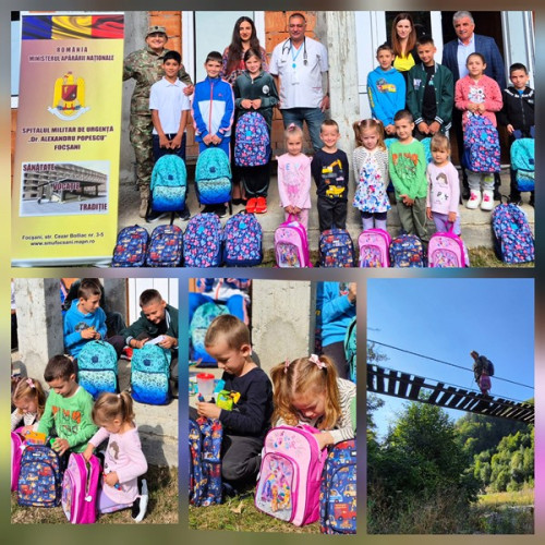 Spitalul Militar de Urgență oferă ghiozdane copiilor din Cerbu, Jitia, la începutul anului școlar