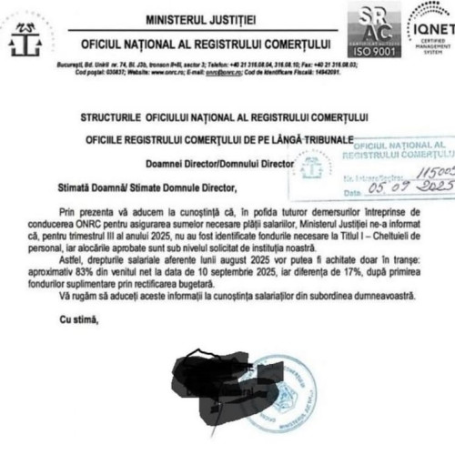Registrul Comerțului plătește salariile din august în două tranșe