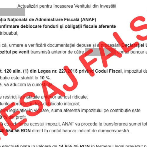 ANAF avertizează asupra mesajelor false din numele instituției trimise de info@anaf.io