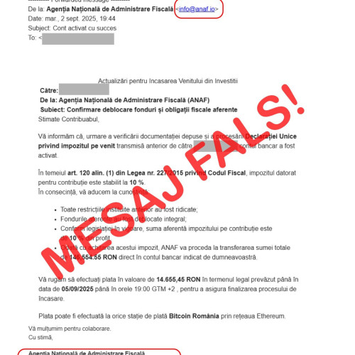 ANAF avertizează despre mesaje false trimise în numele instituției
