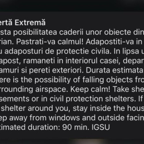 News Alert RO-Alert pentru zona de nord a judeţului Tulcea. Risc de cădere a unor „obiecte din spaţiul aerian”