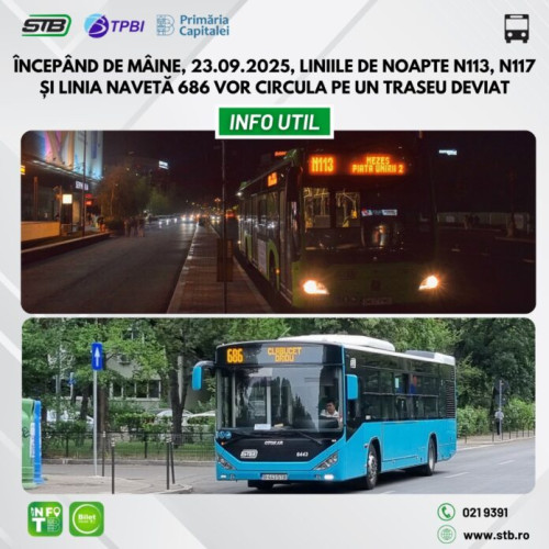 Linii de noapte N113, N117 și naveta 686 vor avea trasee deviate din 23 septembrie