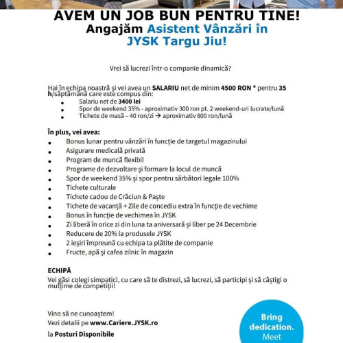 JYSK angajează asistenți de vânzări pentru magazinul din Târgu Jiu