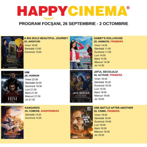 Happy Cinema Focșani oferă program complet de filme în săptămâna 26 septembrie - 2 octombrie 2025
