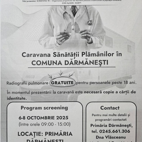 Locuitorii din Dărmănești pot face radiografii pulmonare gratuite în octombrie