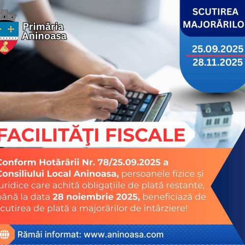 Primăria Aninoasa oferă scutiri de majorări pentru datorii plătite până în noiembrie