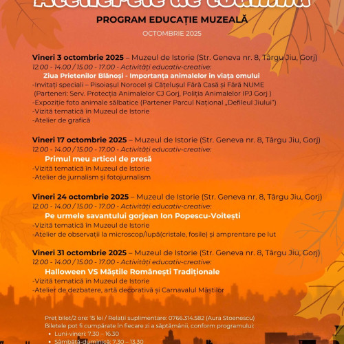 Ateliere educative de toamnă pentru copii, la Muzeul de Istorie din Târgu Jiu