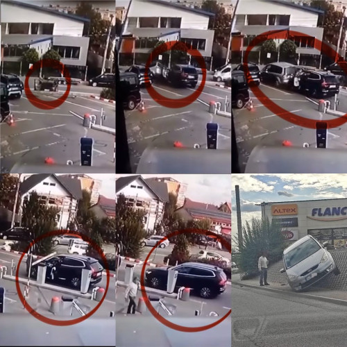 O mașină a fost proiectată pe un scuar la mallul din Târgu Jiu după un incident la parcare