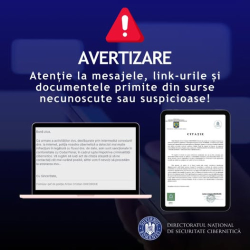 DNSC avertizează asupra tentativelor de fraudă online folosind numele unor autorități