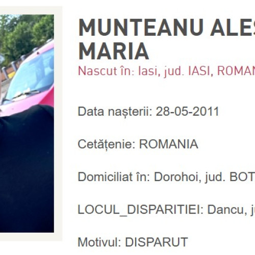 Fetiță de 14 ani din Botoșani dispărută în județul Iași