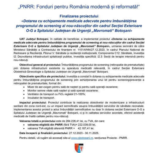 Spitalul „Mavromati“ Botoșani, dotat cu echipamente medicale noi pentru screeningul nou-născuților