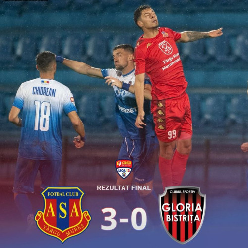 ASA Târgu Mureș învinge Gloria într-un meci jucat sub ploaie și nocturnă