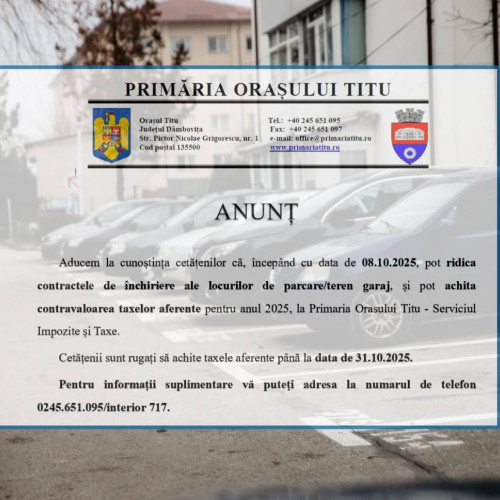 Contractele pentru locurile de parcare la Titu pot fi ridicate din octombrie 2025