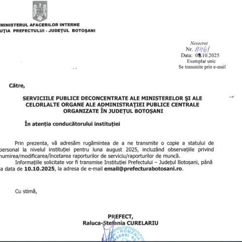 Prefectul Raluca Curelariu cere copiile statelor de personal ale instituțiilor din Botoșani