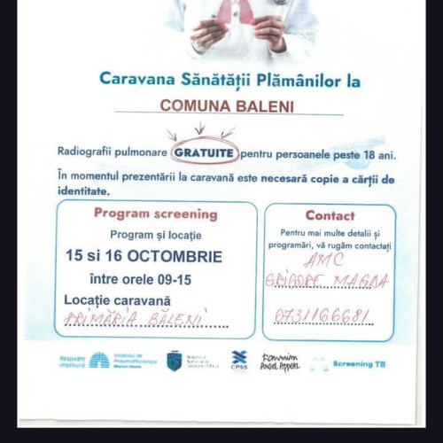 Comuna băleni organizează recoltarea gratuită pentru sănătatea plămânilor
