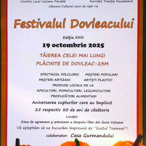 Festivalul Dovleacului la Gura Vulcanei aduce tradiție și voie bună pe 19 octombrie