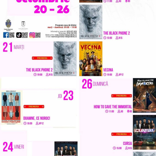 Cinematograful Independența din Târgoviște prezintă noi premiere în săptămâna 20-26 octombrie 2025